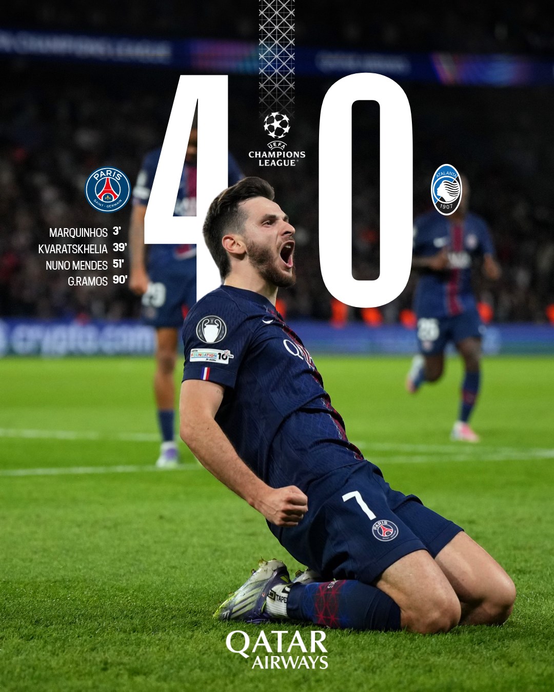 Kvaratskhelia dazzles for PSG in Champions League win against Atalanta